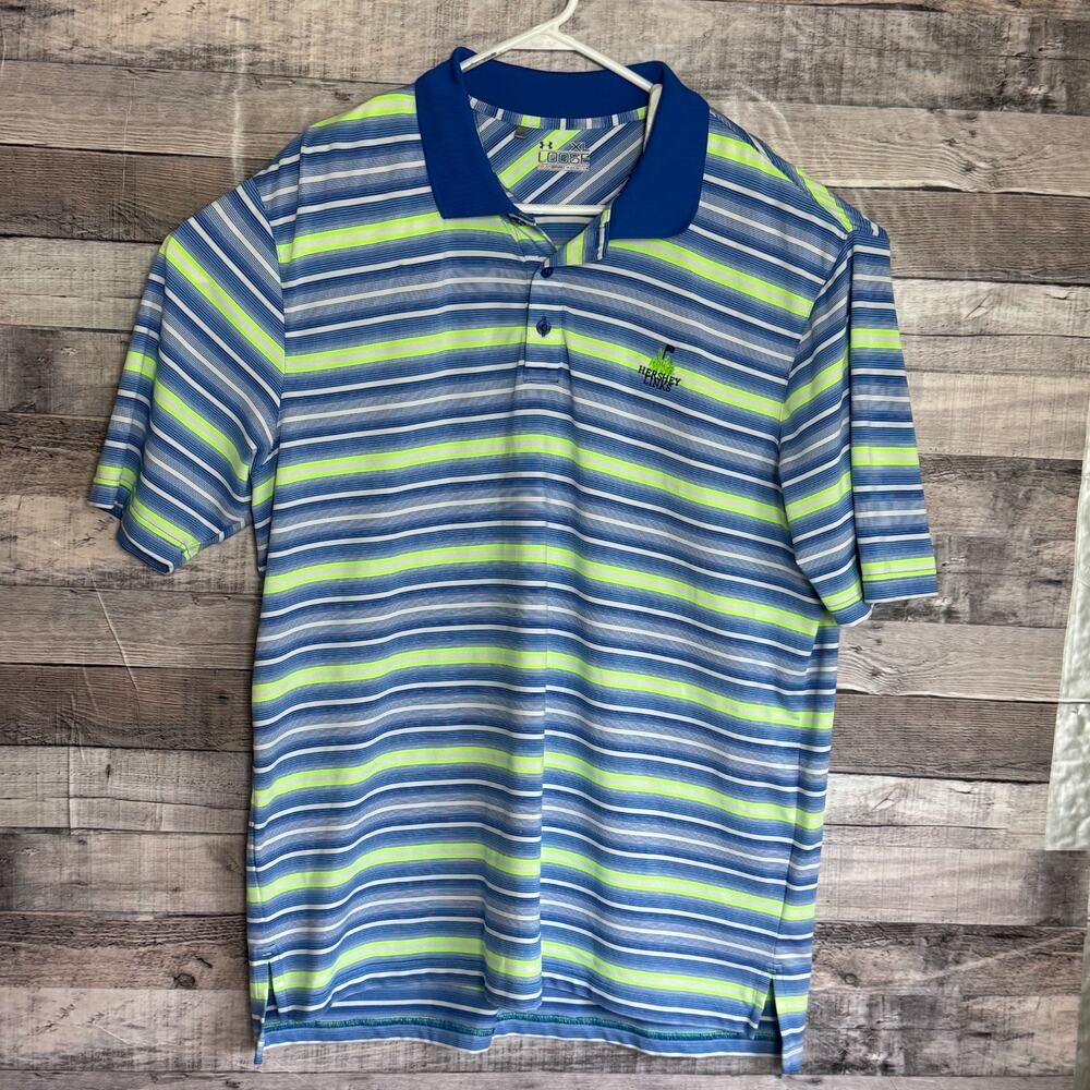 Under Armour Heatgear Polo Shirt Mens XL Blue Green Striped Loose Fit Golf